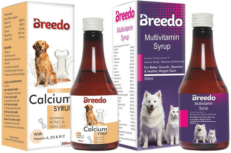 Breedo Dog Calcium Syrup(200ml) + Dog Multivitamin Syrup(200ml) Supplement Combo Pack Pet Health Supplements(400 ml)