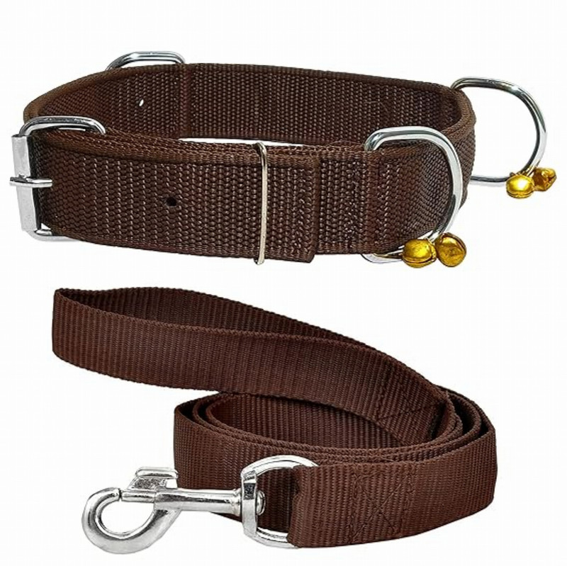 Senapati Traders Collar Belt and Leash Set for Large Dogs, Stylish Nylon Belts with Bell 60 cm Dog Strap Leash(Brown)