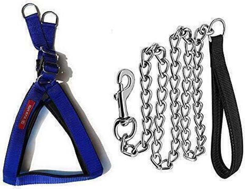 Tame Love Adjustable Chest Belt Harness and Padded Leash 12 cm Dog Chain Leash(Blue)