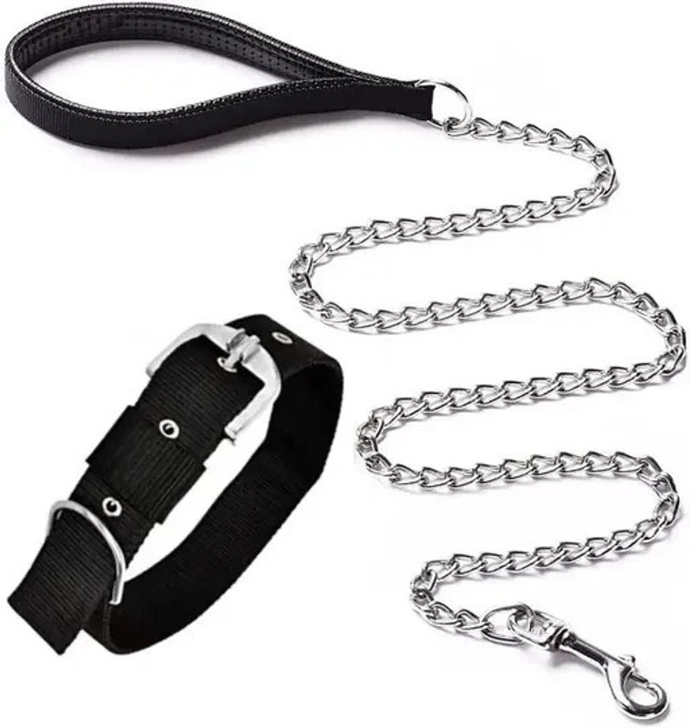 Petzoto Combo Dog Handle Chain & Collar Set Medium Dog Collar & Handle Chain 130 cm Dog Chain Leash(Steel, Black)