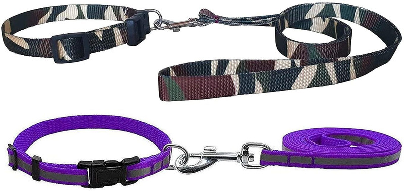Puppy hugs Pack Of 2 Puppy Collar Leash Set Reflected Tape with Camo Print -1.5 CMx120CM 120 cm Dog & Cat Strap Leash(Purple, Green)