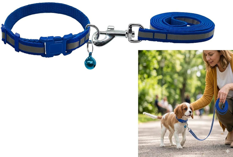 Puppy hugs Nylon Reflective Adjustable Puppy Collar Leash Set-W-1.5CMXL-120CM 120 cm Dog & Cat Strap Leash(Blue)