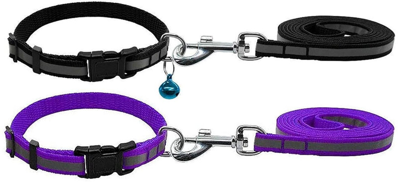 Puppy hugs Set of 2 Nylon Reflected Tape Leash Collar Set for Small Puppy-W-1.5 cm,L-120 cm 120 cm Dog Strap Leash(Black, Purple)