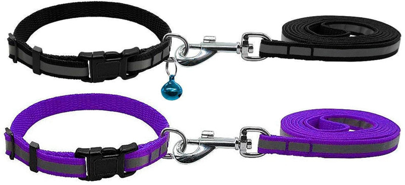 W9 Set of 2 Nylon Reflected Tape Leash Collar Set for Small Puppy-1.5cm x 120cm 120 cm Dog & Cat Strap Leash(Black, Purple)