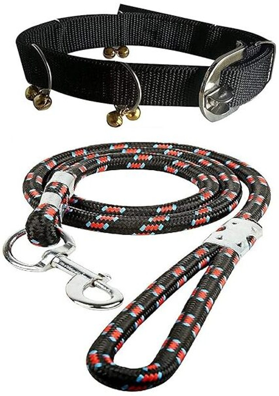 Sip Small Medium Size Dog, Ghungroo Collar & Rope Leash Set (MEDIUM, BLACK COMBO) 150 cm Dog Cord Leash(Black)
