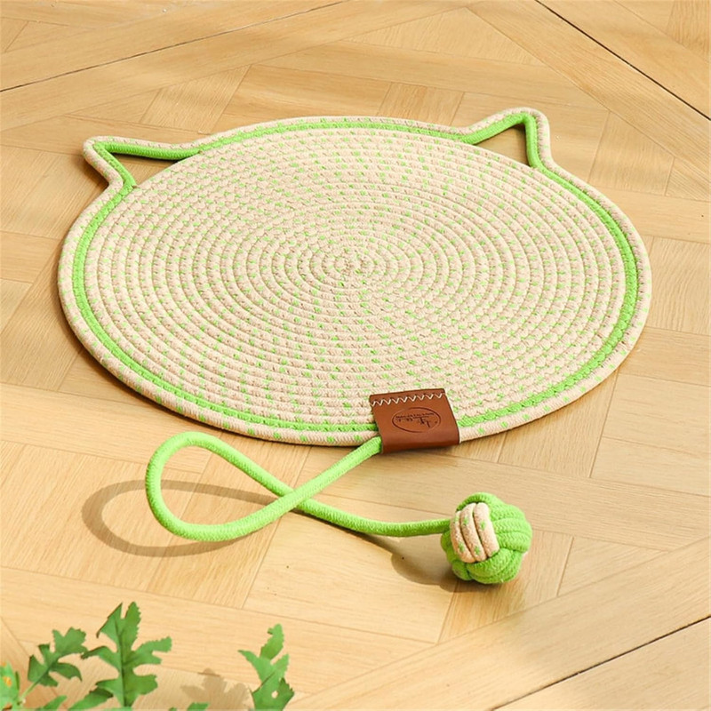 PET FUN Cream and Green Trim Cat Face Shaped Rope Scratching Mat for Cats Cat Pet Mat