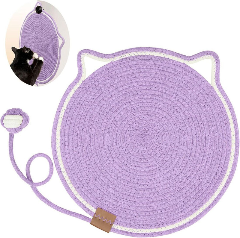 PET FUN Cat-Shaped Purple Wall Hanging Scratching Mat ,Woven Rope Cat Scratcher Mat Cat Pet Mat