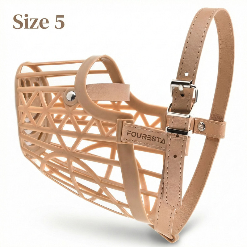 FOURESTA Dog Muzzle Size 5 High quality Dog mouth cover/basket adjustable and safe Large Strips Dog Muzzle(Light Brown)