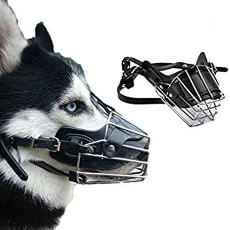 PetJoy Strong Metal Wire Basket Dog Muzzle for Large Dog, Adjustable Strap, Black Large Strips Dog Muzzle(Black)