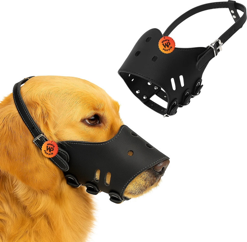 What's Poppin Adjustable Dog Leather Muzzle Anti-Biting Mouth Guard for Training Grooming Small Other Dog Muzzle(Brown)