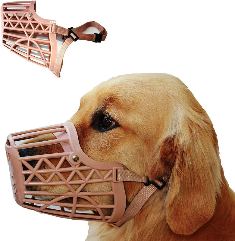 AKEnnterprises 5No Dog Plastic Muzzle with Adjustable Leather Strap,Beige,Basket Design (Large) Large Strips Dog Muzzle(Brown)