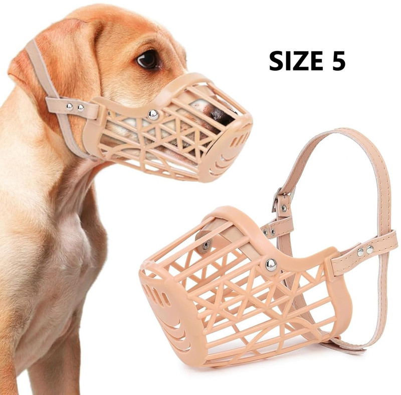 Quickato Dog Muzzle Size 5 High quality Dog mouth cover/basket adjustable and safe Medium Strips Dog Muzzle(Light Brown)