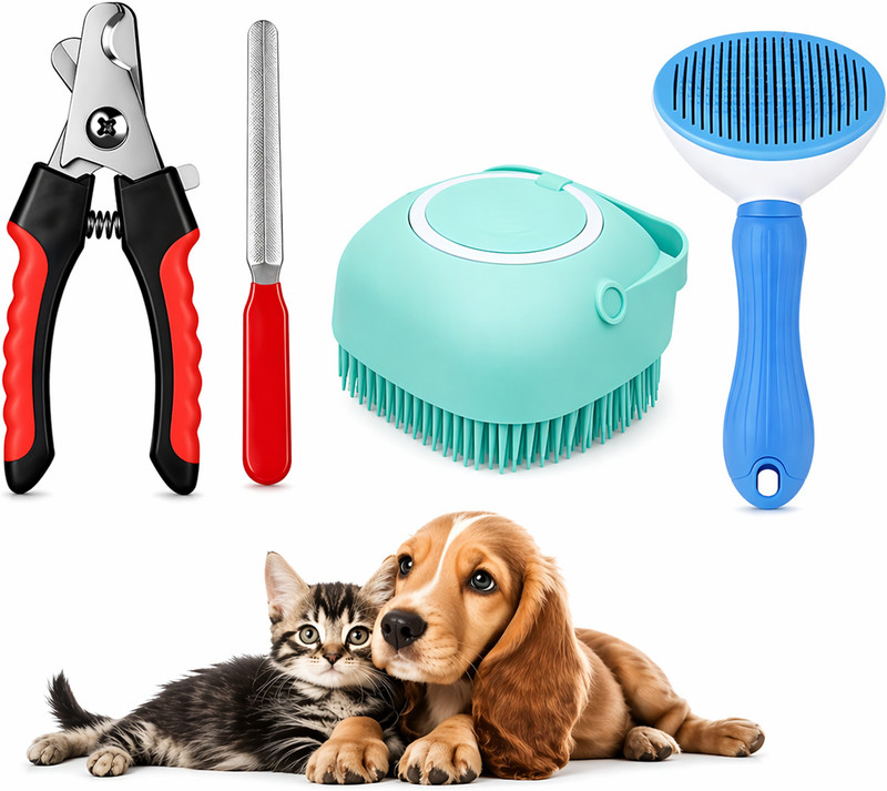 Emily Pets Dog Grooming Kit Slicker Brush, Nail Clipper & File, Silicone Bath Brush Combo Scissor Nail Clipper(For Dog & Cat)