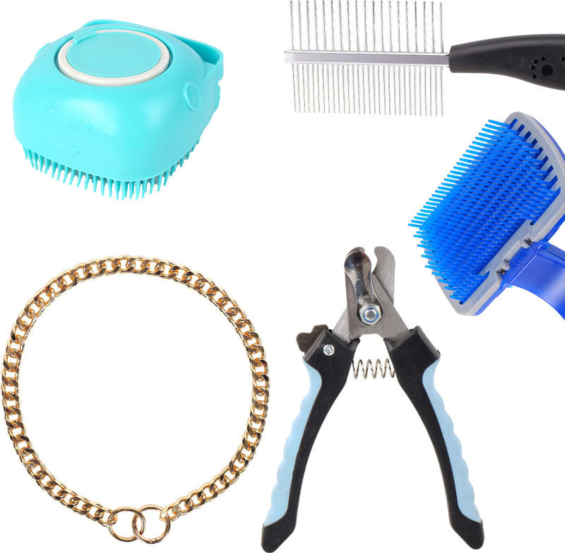 PAWDLESS Gold Colour Collar Chain with Palm Grooming Glove and Slicker Brush Combo Grinder Nail Clipper(For Dog & Cat)
