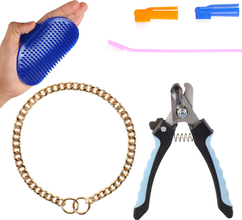 pawdles Pet Care Kit Gold Colour Collar Chain Bath Brush Glove Comb and Nail Clipper Grinder Nail Clipper(For Dog, Cat)