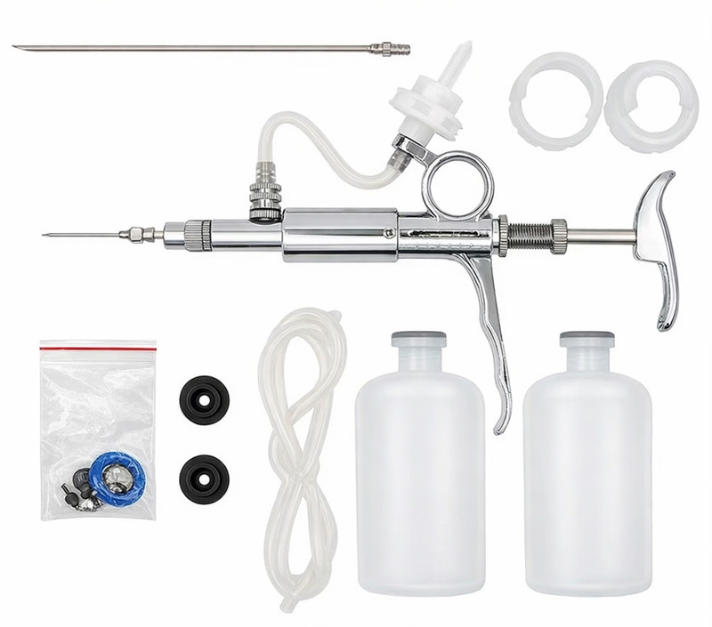 SAFURE Stainless Steel Animal Injector 5ML Adjustable Livestock Injection Gun & Syringe Pet Nursing Kit