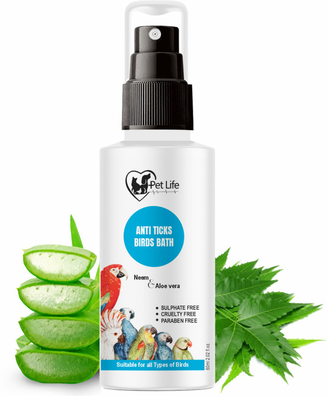 Pet Life Anti Ticks Birds Bath Waterless Spray for Poultry birds, Parrot, Sparrow/Pigeon, Flea and Tick, Itch Relief, Allergy Relief, Anti-fungal, Anti-parasitic, Anti-microbial Fresh, Made Natural Actives |Waterless Tick Shampoo Easy To Use For All Bird Breed Bird Shampoo(60 ml)