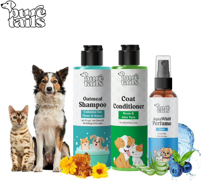 Pure Tails combo of 3 oatmeal shampoo200ml+coat conditioner200ml+aquawhiff perfume100ml Anti-Inflammatory, Anti-fungal, Anti-Bacterial Colloidal Oat & Honey, Neem & Aloe Vera, AquaWhiff Dog, Cat Shampoo(200 ml)