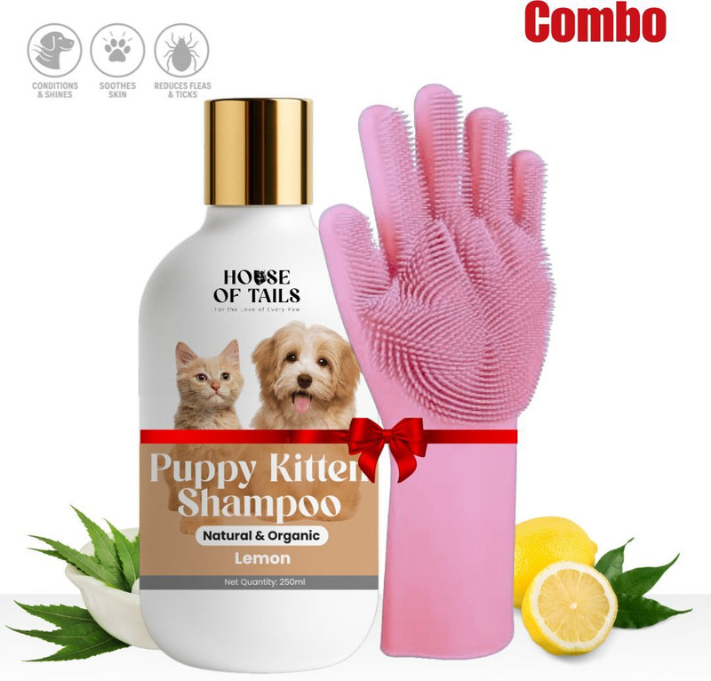 House Of Tails Puppy kitten + bath gloves shampoo for small dogs and cats Anti-microbial, Anti-Inflammatory, Anti-parasitic Lemon Dog, Cat Shampoo(250 ml)