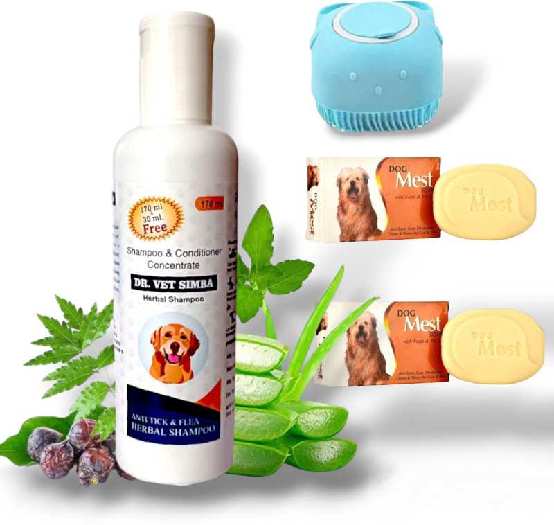 Himalayan Lifesciences Dr. Vet Simba Herbal Dog Shampoo with Conditioner (200ml) + DogMest Soap 2x75gm Anti-dandruff, Anti-fungal, Anti-itching, Allergy Relief, Flea and Tick Natural Dog Shampoo(350 ml)