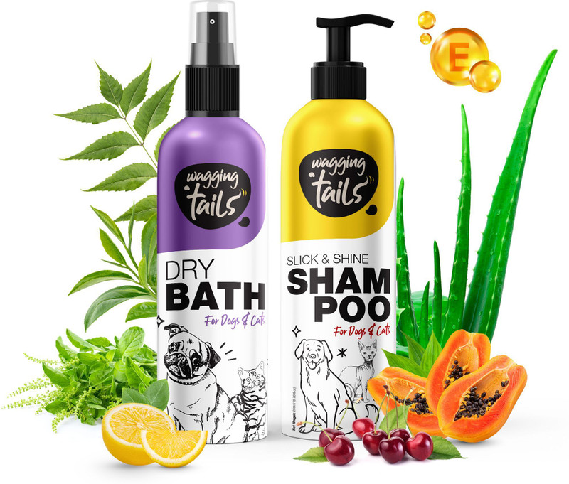 Wagging Tails Slick & Shine Shampoo (200ml) + Dry Bath Shampoo (200 ml) Conditioning Natural Dog, Cat Shampoo(400 ml)