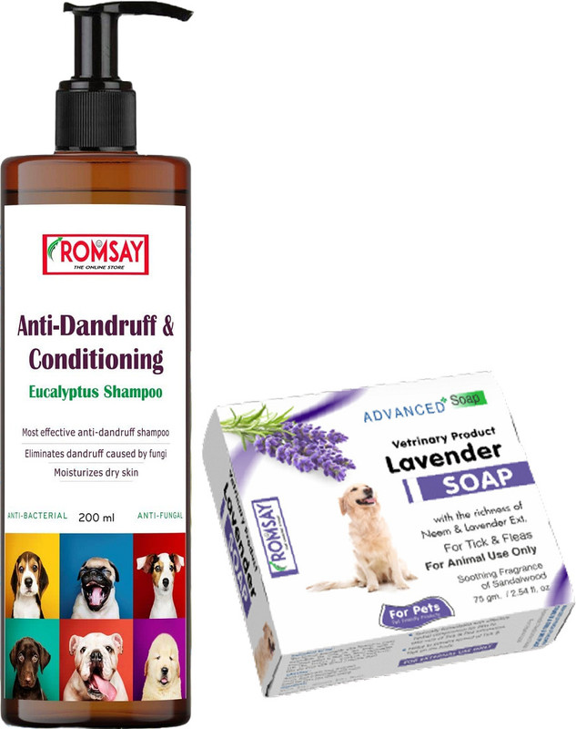 ROMSAY Anti-Dandruff & Conditioning Eucalyptus Dog Shampoo 200ml + Lavender Soap 75GM Allergy Relief, Anti-dandruff, Anti-fungal, Anti-itching, Conditioning, Hypoallergenic Fresh Notes, Eucalyptus Mint, Lavender Dog Shampoo(275 ml)