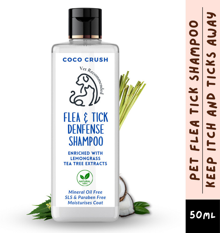 COCO CRUSH Natural Flea & Tick Protection Pet Shampoo | Organic & Sulphate | Flea and Tick, Hypoallergenic, Itch Relief, Anti-fungal, Anti-dandruff | Enriched with Lemongrass & Neem Oil | Dog, Cat, Rabbit Shampoo(50 ml)