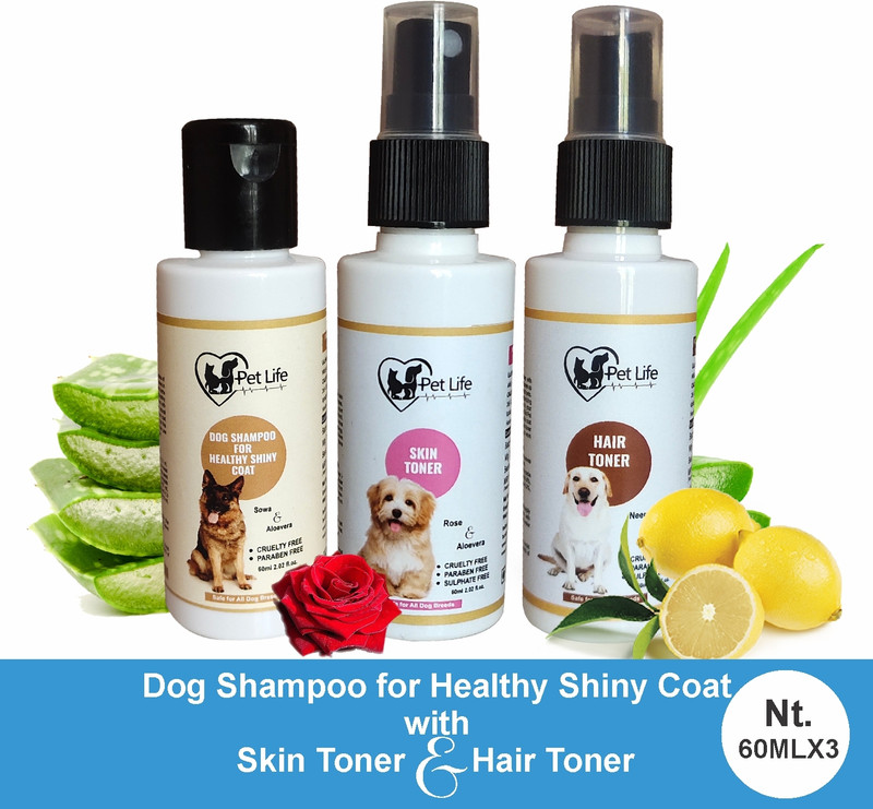 Pet Life Dog Shampoo 60ml + Dog Skin Toner Spray 60ml + Dog Hair Toner Spray 60ml - Conditioning, Anti-fungal, Allergy Relief, Anti-itching Fresh Fragrance, Cleans, Healthy Shiny Coat, Skin Allergy, Redness, Control Hair Fall Dog Shampoo(180 ml)