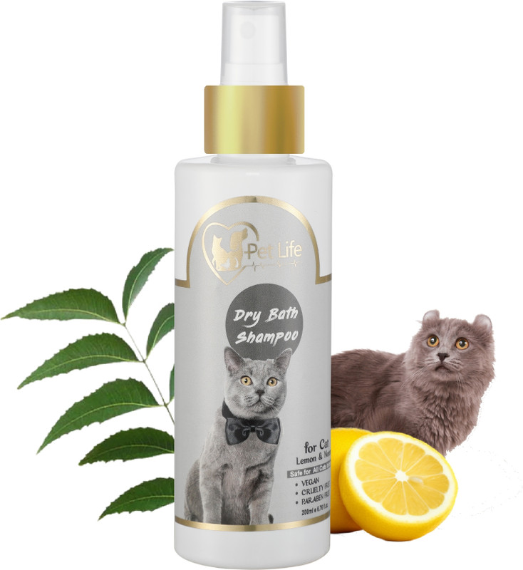 Pet Life Organic Dry Bath Shampoo for Cats - Dry/Waterless/Spray Cats Shampoo | Made with Natural ingredients for A Cleaner, Smoother & Shinier Coat – Safe & Effective Cat Friendly Formula For All Cat Breeds Whitening and Color Enhancing, Conditioning, Anti-itching Lemon, Neem Cat Shampoo(200 ml)