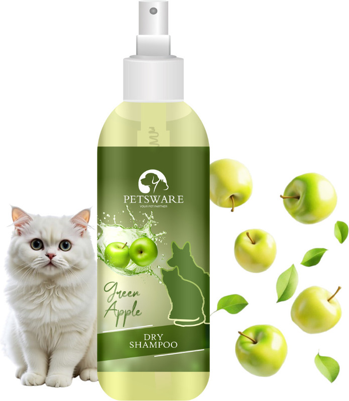 PETSWARE DRY SHAMPO FOR ALL CAT TYPES FOR WATER FREE BATH|SHAMPOO FOR WATER LESS BATH Allergy Relief, Anti-fungal, Flea and Tick, Conditioning GREEN APPLE Cat Shampoo(200 ml)