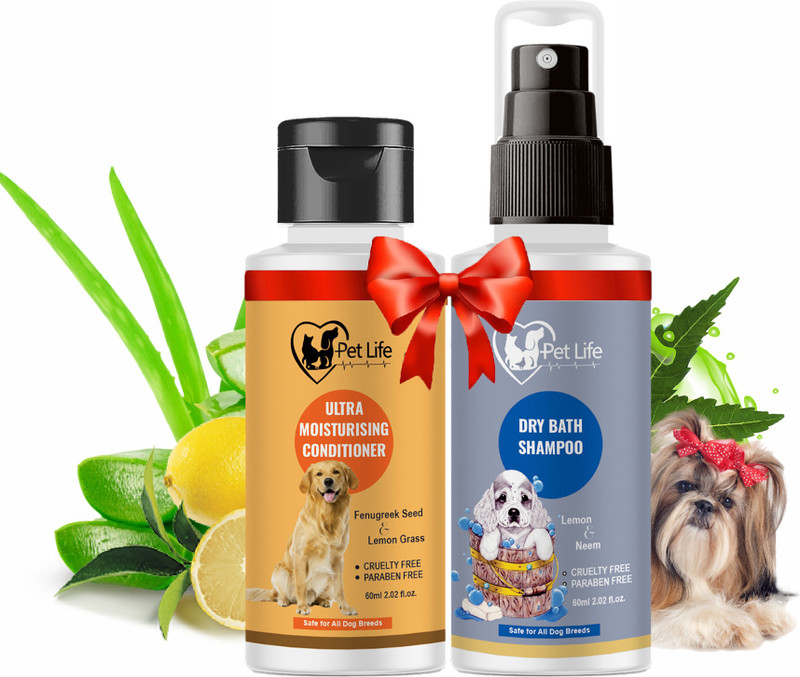Pet Life Dry Bath Dog Shampoo 60ml + Dog Conditioner 60ml For Clean, Shiny, Silky Coat Conditioning, Anti-fungal, Anti-itching, Anti-parasitic, Whitening and Color Enhancing Fresh Fragrance, All Dog Breed Dog Shampoo(120 ml)