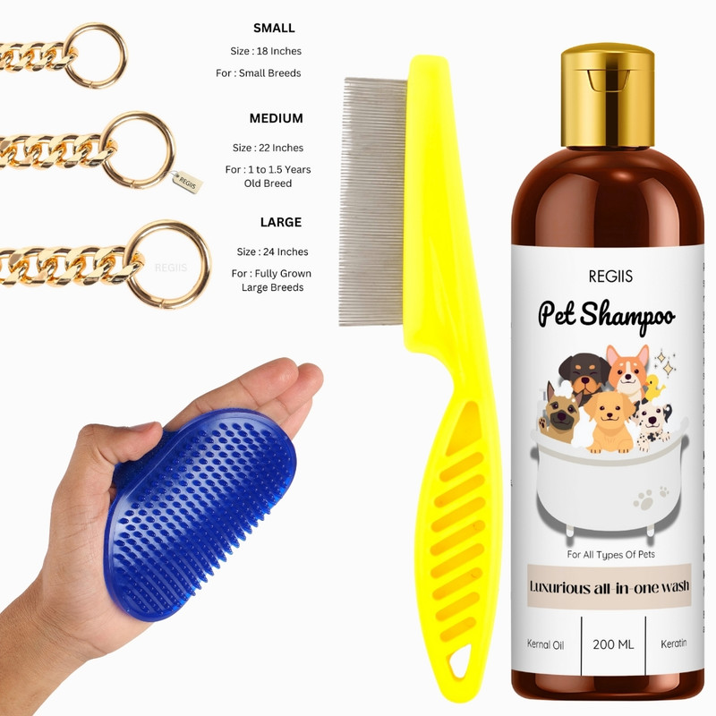Regiis Premium Dog Grooming Pack Shampoo Flea Comb Palm Brush Small Medium Large Chains Pet Spa Kit