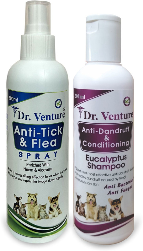 Dr Venture Anti-Dandruff & Conditioning Pet Shampoo 200ml + Anti-Tick and Flea Spray for All Breeds Like Dogs, Cats and Puppies Kills & Repels Fleas, Ticks and Lice 200 ml Anti-microbial, Conditioning, Anti-fungal, Anti-parasitic, Flea and Tick, Anti-dandruff, Allergy Relief, Whitening and Color Enh