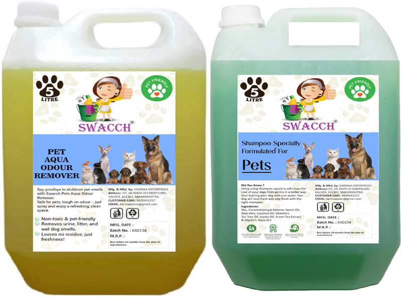 swacch Pet Aqua Odour Remover + Pet Shampoo (Combo Pack of 2) Economical Pack Conditioning Mogra, Strawberry Dog, Cat Shampoo(10 L)
