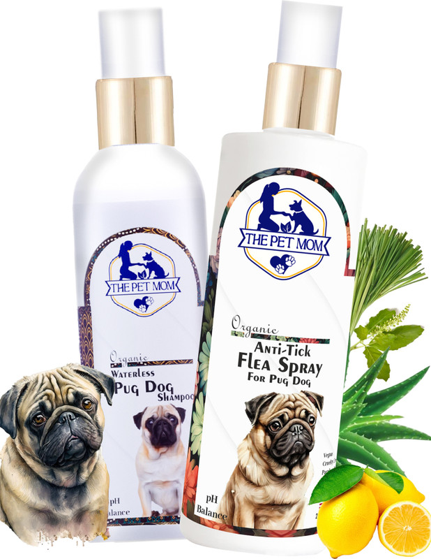 THE PET MOM Waterless Pug Dog Shampoo 200ml + Anti-Tick Flea Pug Dog Spray 200ml - Clean Flea and Tick, Anti-itching, Allergy Relief, Anti-fungal, Conditioning Fresh, Tick Free Spray For Dog, Easy to Use Dog Shampoo For Soft & Smooth Coat, Dog Shampoo(400 ml)