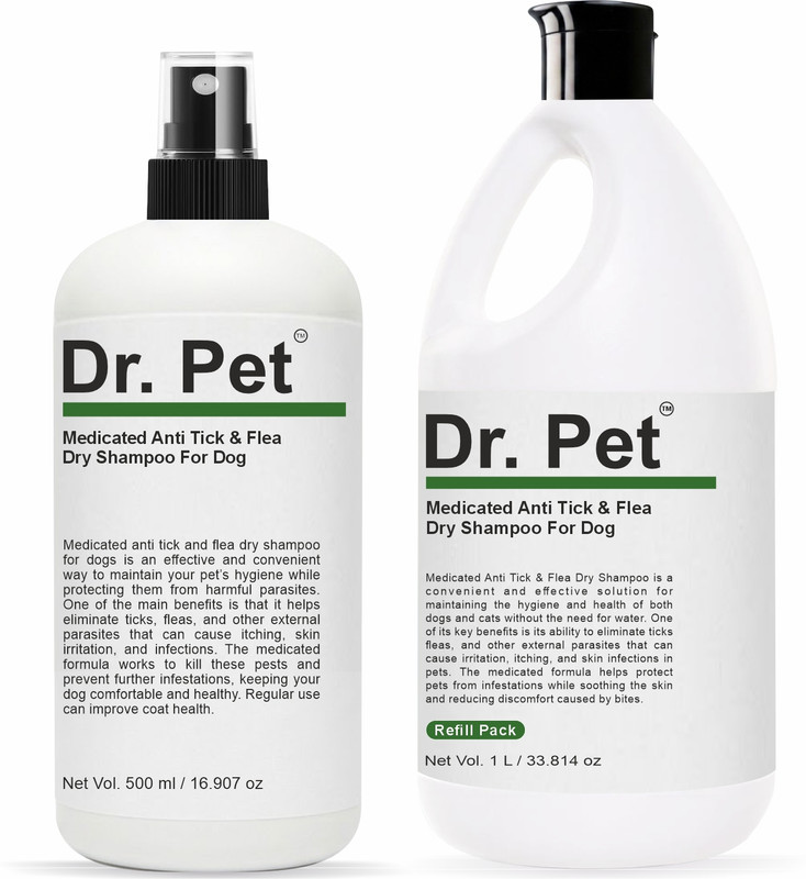 Dr Pet Medicated Dog Dry Shampoo Anti Tick Flea Combo 500ml Spray with 1L Refill Flea and Tick Herbal Natural Dog Shampoo(1500 ml)
