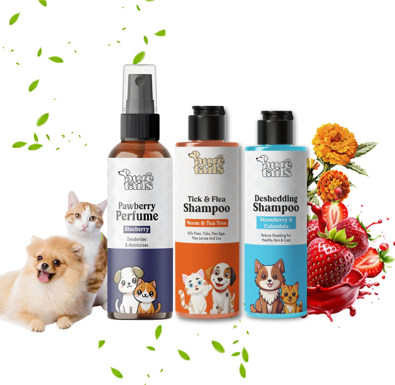 Pure Tails Dog Combo 3 | Flea & Tick 200ml + De-Shedding 200ml + Pawberry 100ml Anti-fungal, Anti-Bacterial Natural Dog, Cat Shampoo(500 ml)