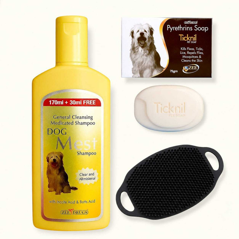 DogMest Dog Shampoo Kit – Combo Pack (Shampoo 200ml + Ticknil Soap 75g + Bathing Brush) Allergy Relief, Anti-dandruff, Itch Relief, Anti-fungal Natural Dog, Cat, Horse, Rabbit Shampoo(200 ml)