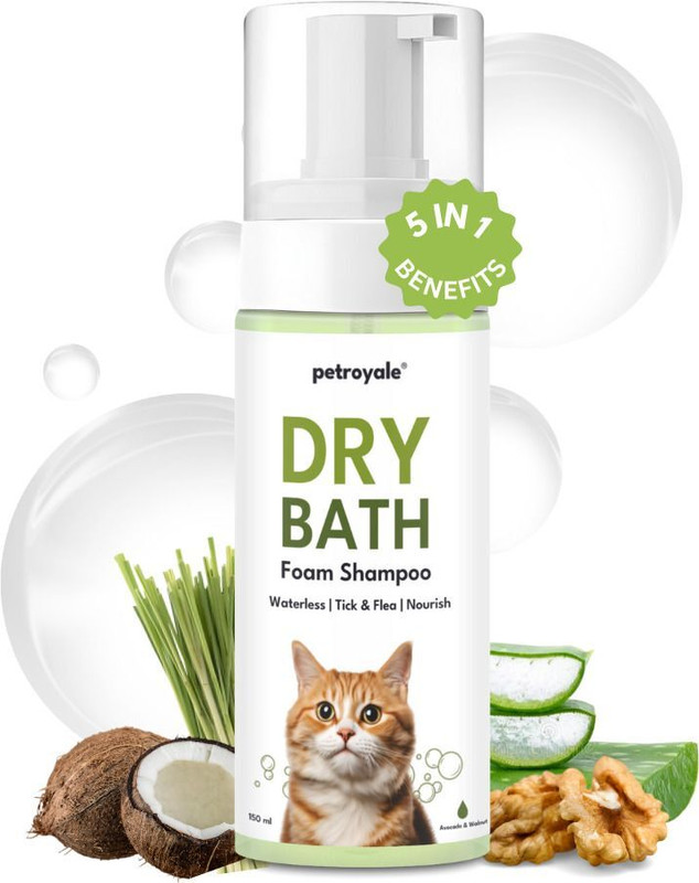 Petroyale Dry Bath Foam Shampoo for Cats Tick, Flea & Itch Relief for Quick Bath Allergy Relief, Anti-dandruff, Anti-fungal, Anti-itching, Flea and Tick, Itch Relief Mild, Lemongrass Cat Shampoo(150 ml)