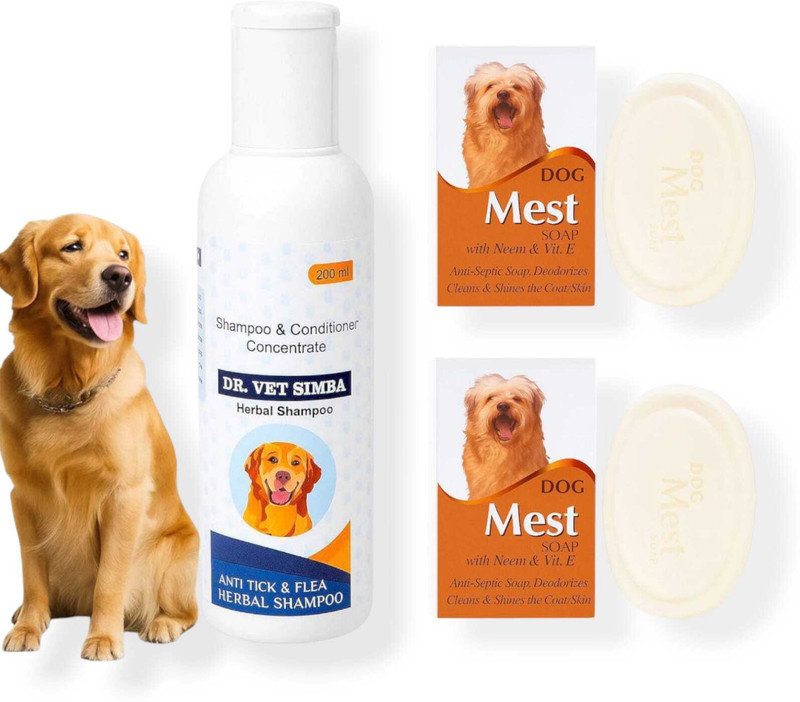 Himalayan Lifesciences Dr. Vet Simba Herbal Dog Shampoo with Conditioner (200ml) + DogMest Soap 2x75gm Anti-dandruff, Anti-fungal, Anti-itching, Allergy Relief, Flea and Tick Natural Dog Shampoo(350 ml)