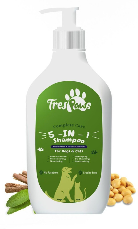 Trespaws Best Quality 5 in 1 Pet Shampoo | Skin Soothing & Nourishing Formula | Anti-fungal, Conditioning, Allergy Relief, Anti-dandruff, Anti-Bacterial | Alovera, Neem, Jojoba Oil, Soy Protein, Lemongrass Dog, Cat Shampoo(350 ml)