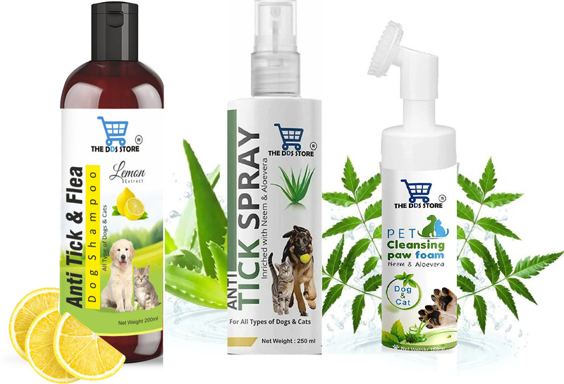 THE DDS STORE 3. Pcs of Grooming Combo Dog Shampoo & Flea Treatment Spray With Dog Paw Cleaner Anti-dandruff, Anti-fungal, Anti-itching, Anti-microbial, Anti-parasitic, Flea and Tick Lemon, Neem & Aloe Vera Dog Shampoo(450 ml)