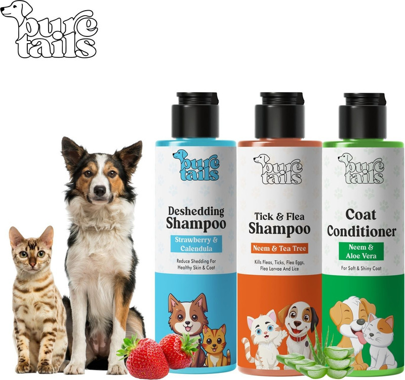 Pure Tails combo of 3 Anti tick shampoo 200ml+deshadding shampoo200ml+coat conditioner Anti-itching, Anti-fungal, Anti-dandruff Strawberry & Calendula, Neem & Tea Tree, Neem & Aloe Vera Dog, Cat Shampoo(200 ml)