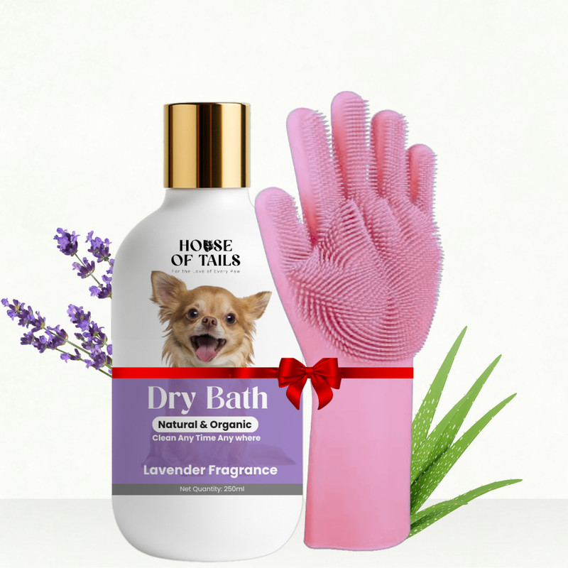 House Of Tails Dry Bath Pet shampoo Spray + Pink Bath Brush for pets With Allergy Relief, Conditioning, Anti-dandruff, Anti-fungal, Anti-itching Lavender Dog, Cat Shampoo(250 ml)