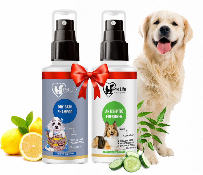 Pet Life Dry Bath Dog Shampoo 60ml + Dog Antiseptic Freshener 60ml For Clean, Shiny Coat Conditioning, Anti-Bacterial, Anti-microbial, Anti-fungal Fresh Fragrance, Safe Deodorizer, Body Bad Odor, Freshening, Soothing &Toning Effect Dog Shampoo(120 ml)