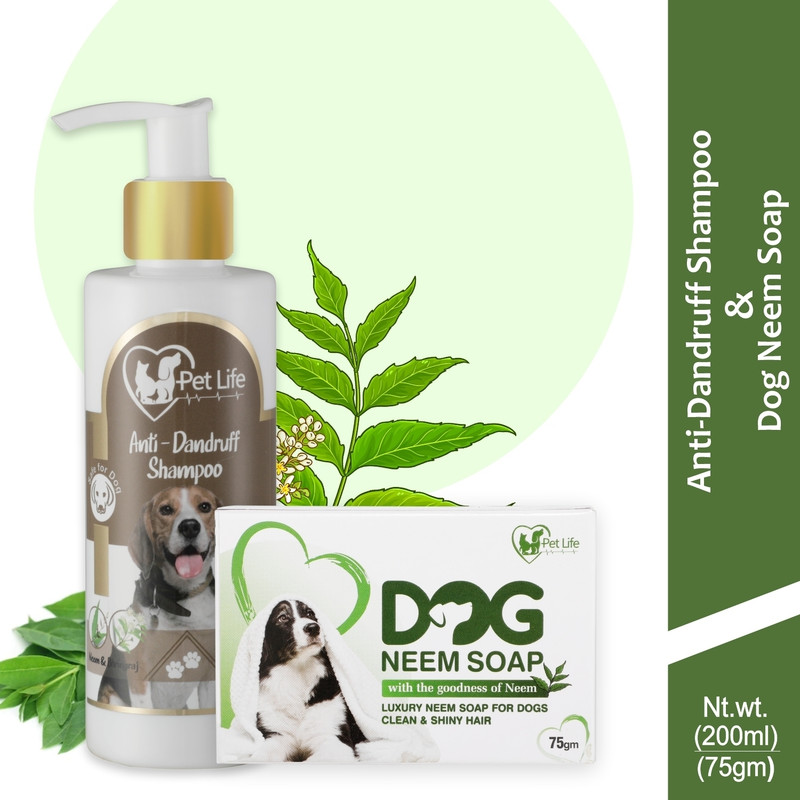 Pet Life Anti Dandruff Dog Shampoo 200ml +Dog Cleansing Neem Soap 75Gm|Clean, Strong Hair Anti-dandruff, Allergy Relief, Anti-fungal, Conditioning Fresh Fragrance, Cleans Pollutants, All Dog Breed Dog Shampoo(275 ml)