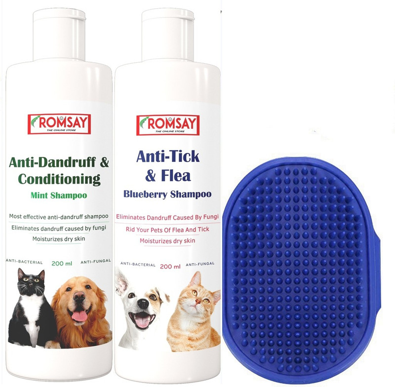 ROMSAY Anti-tick & Flea + Anti Dandruff & Conditioning Shampoo + Pet Brush (400ML) Allergy Relief, Anti-fungal, Anti-itching, Flea and Tick, Anti-dandruff Mint, Blueberry Dog Shampoo(400 ml)