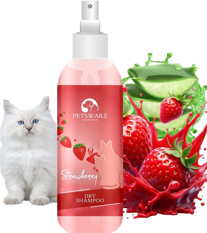 PETSWARE Cat Dry Shampoo for Water Free Bath|Dry Bath with Aloe Vera & Rosemary Extracts Conditioning, Hypoallergenic, Allergy Relief, Flea and Tick, Anti-itching Strawberry Cat Shampoo(200 ml)