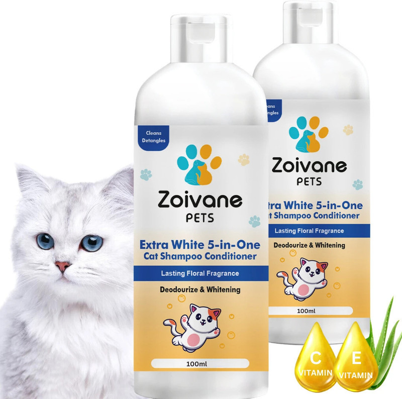 Zoivane Extra White 5 in 1 Cat Shampoo & Conditioner, 100% Natural Active Ingredients Allergy Relief, Anti-microbial, Conditioning, Whitening and Color Enhancing Floral and Sweet Cat Shampoo(200 ml)