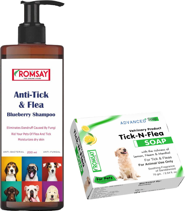 ROMSAY Anti-Tick & Flea Blueberry Shampoo 200ML + Tick & Flea Soap 75GM Flea and Tick, Allergy Relief, Anti-dandruff, Anti-itching, Anti-microbial, Hypoallergenic Neem, Blueberry Dog Shampoo(275 ml)